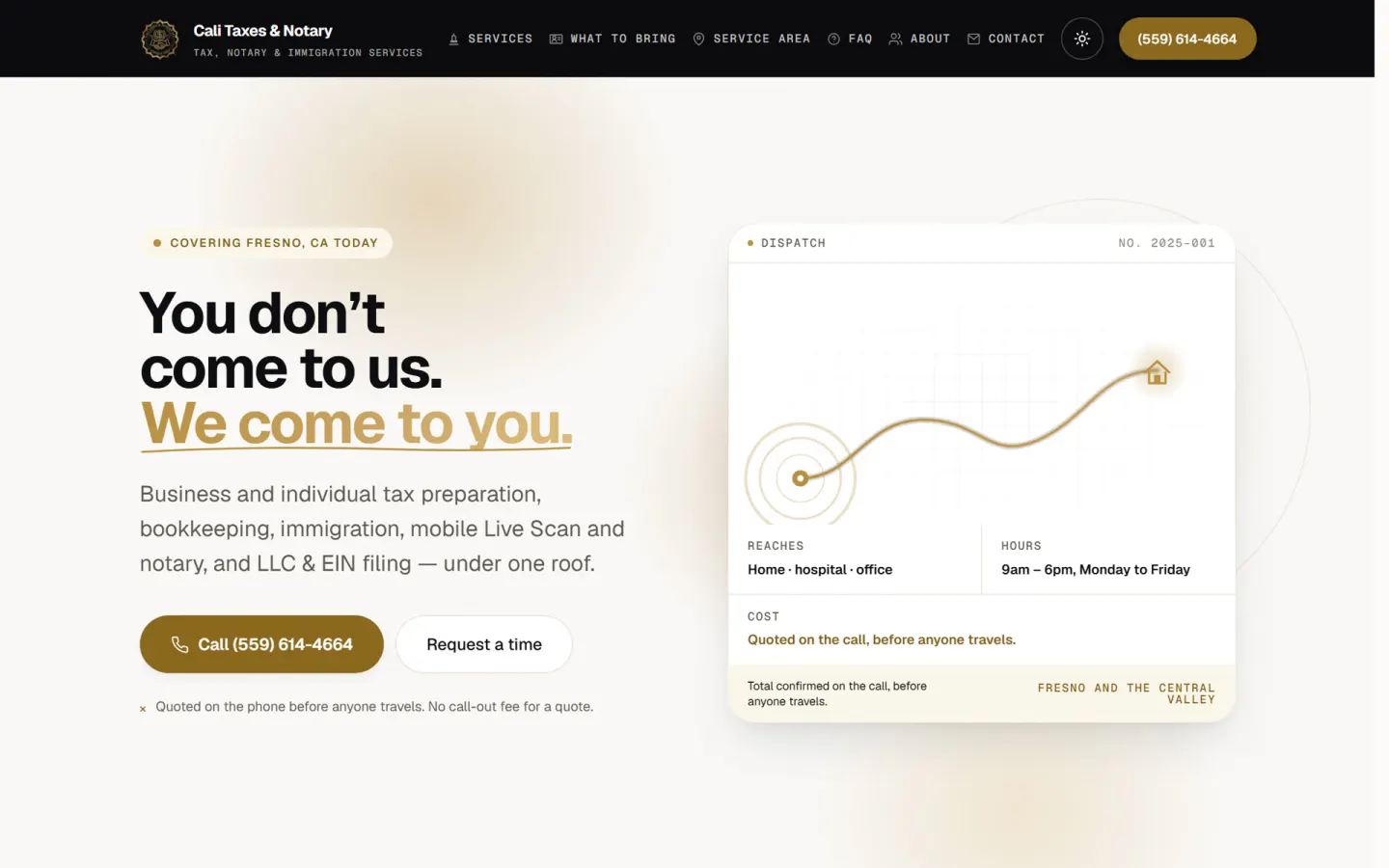 Cali Taxes & Notary home page on a desktop, with the call and "Request a time" buttons beside the hours and the area served
