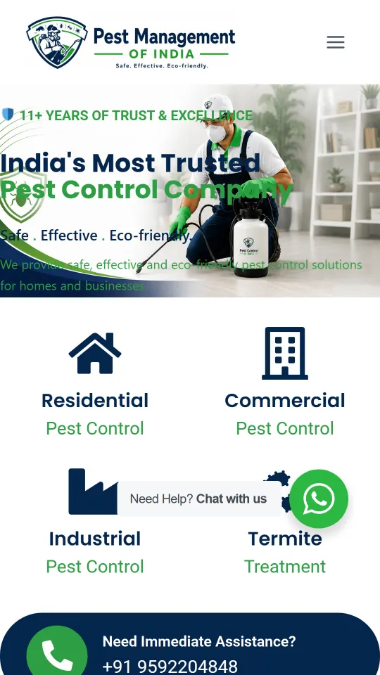 Pest Management of India on a phone: residential, commercial, industrial and termite services with the WhatsApp chat button