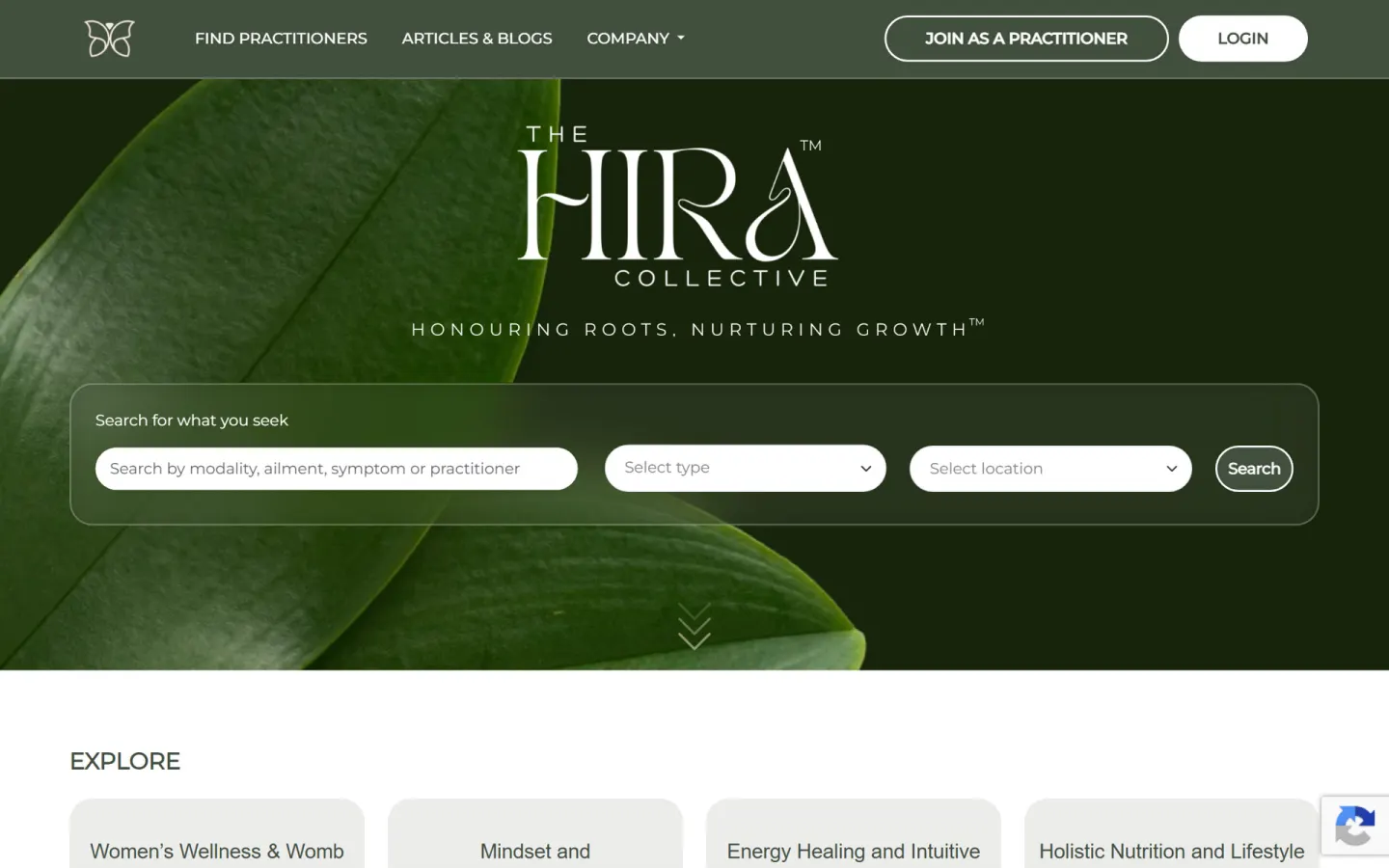 The Hira Collective home page on a desktop, with practitioner search by modality, type and location