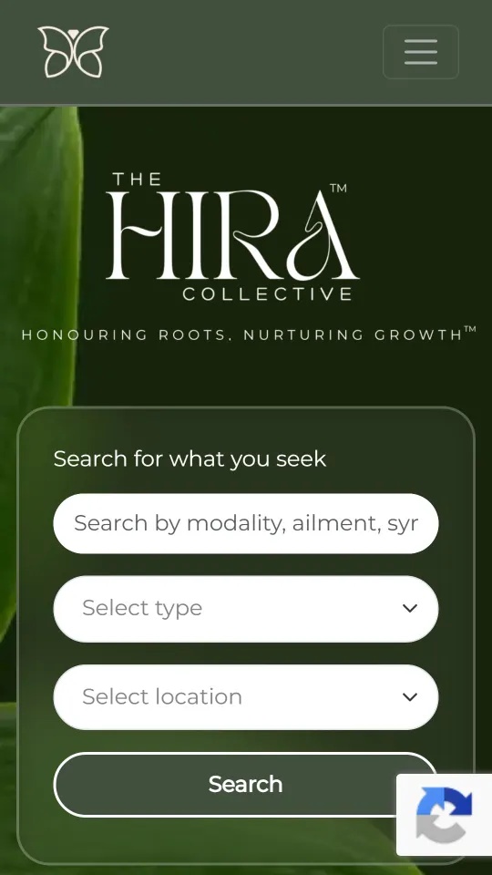 The Hira Collective on a phone: the search box with type and location filters